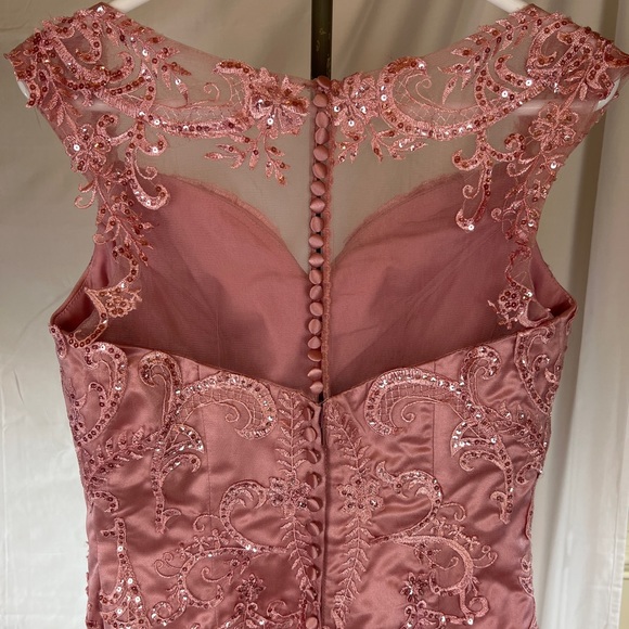 Long Dusty Rose Formal, Evening Gown, Mermaid fit with Tooling, lace & sequins - Picture 12 of 17